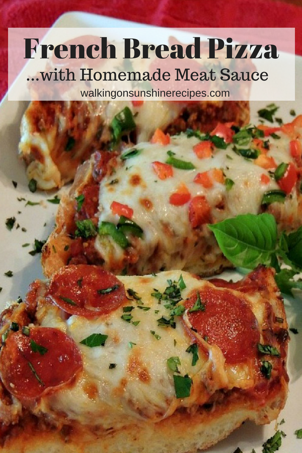 French Bread Pizza with Meat Sauce makes a great inexpensive quick meal from Walking on Sunshine Recipes.