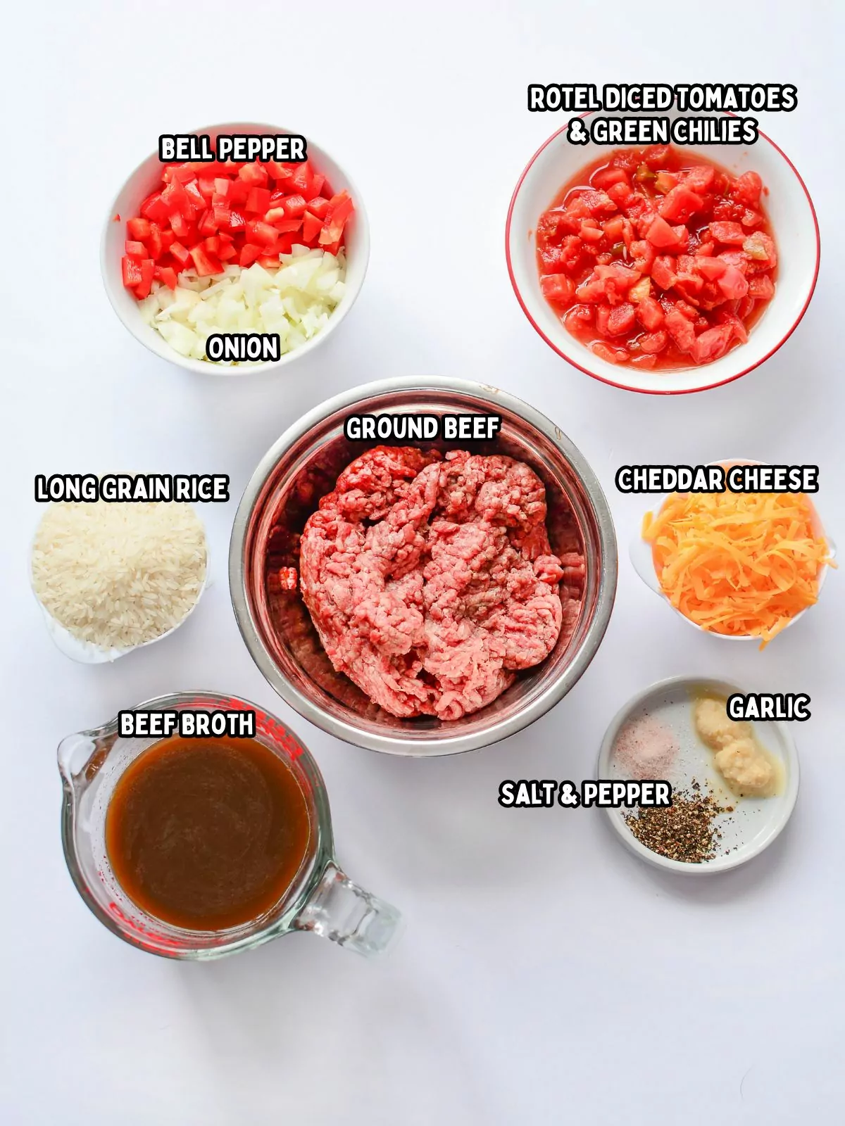 Ingredients to make a skillet beef and rice dinner