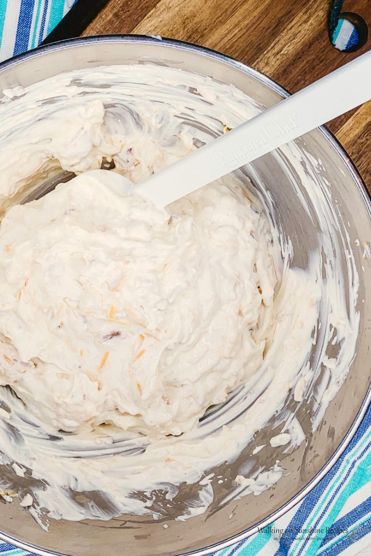 Cream Cheese, Sour Cream, Cheddar Cheese and Bacon combined in mixing bowl from WOS