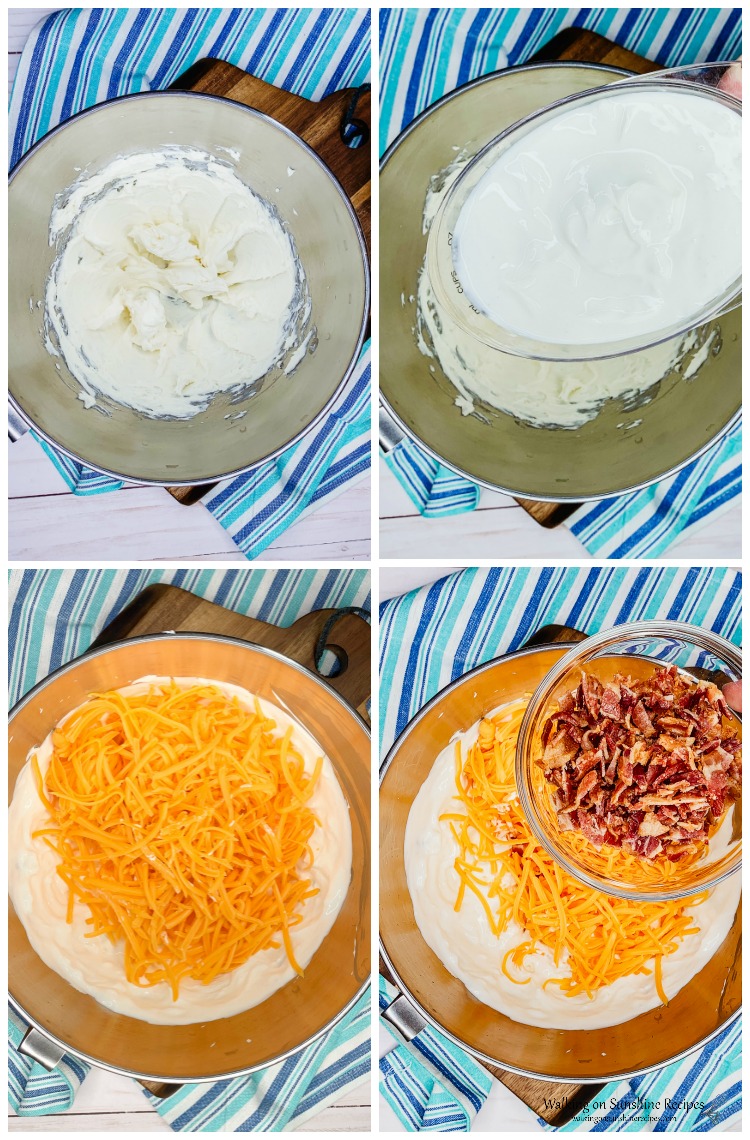 Warm Bacon Cheese Dip that's perfect for crackers, pita chips, or crusty fresh baked bread. Even veggie sticks taste amazing dipped in this gooey goodness from Walking on Sunshine Recipes. How to Make Warm Bacon Cheese Dip process from WOS
