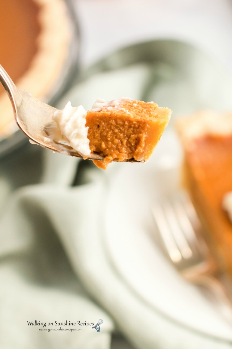 Closeup of Pumpkin Pie on Fork 