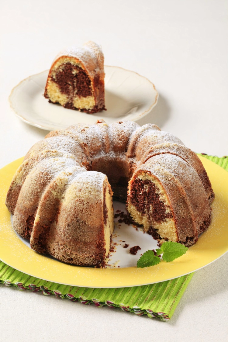 Marble Bundt Cake from a cake mix on yellow plate from WOS