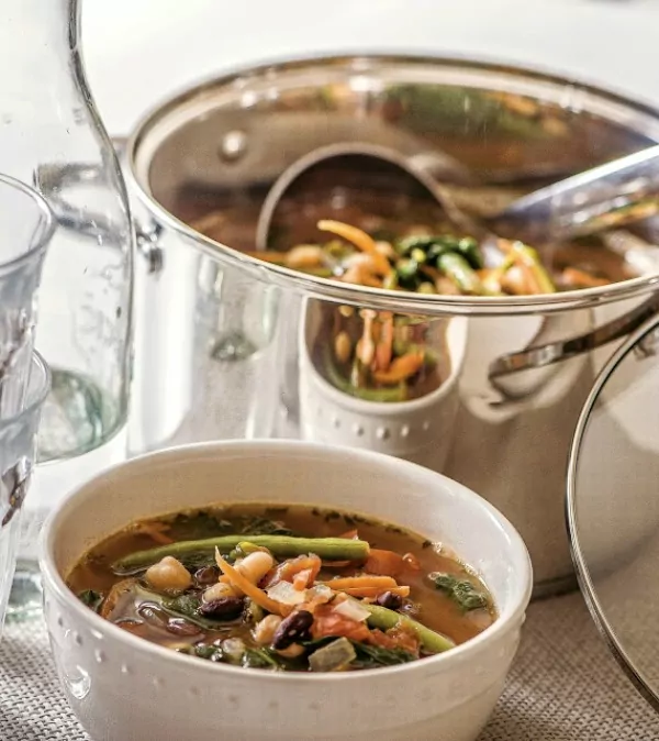Three Bean Minestrone Soup in large stock pot with bowl of soup. 