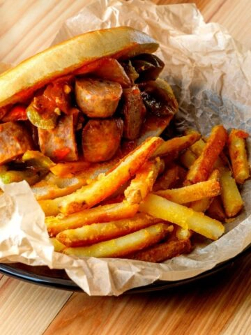 sausage and peppers with French Fries.