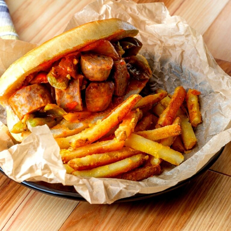 sausage and peppers with French Fries.