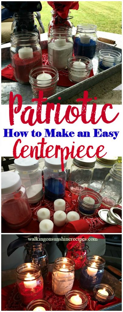 Mason Jar Patriotic Table Centerpiece with mason jars, colored sand and candles. 