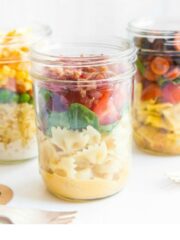 Pasta Salad in a Mason Jar featured on Walking on Sunshine Recipes