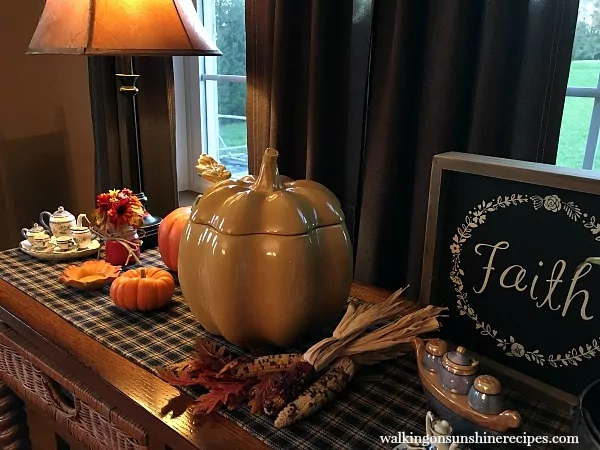 Ceramic Pumpkin and Fall Decor on Dining Room Side Board from Walking on Sunshine Recipes