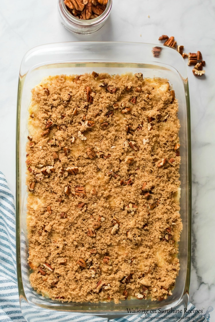 Overnight French Toast Breakfast Casserole with cinnamon sugar topping before baking 