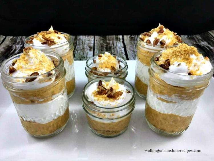 Pumpkin Cheesecake No Bake Parfaits on white tray 