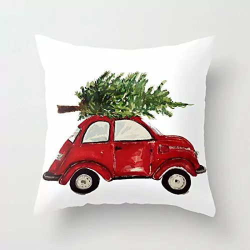 Red car with Christmas tree pillow