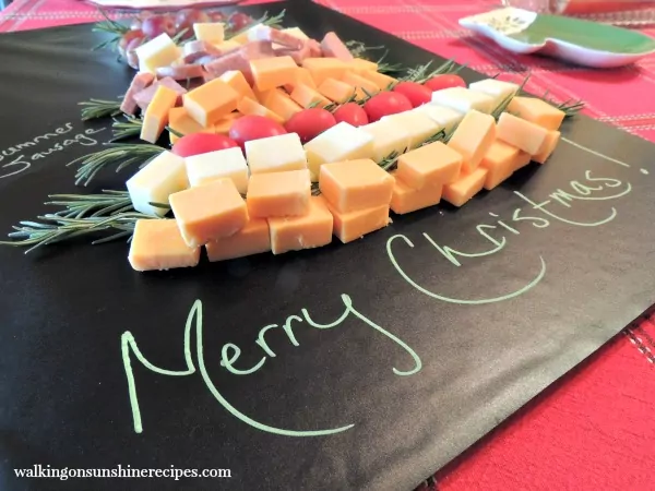 Close up of Christmas Tree Cheese Board Platter with Labels from Walking on Sunshine Recipes
