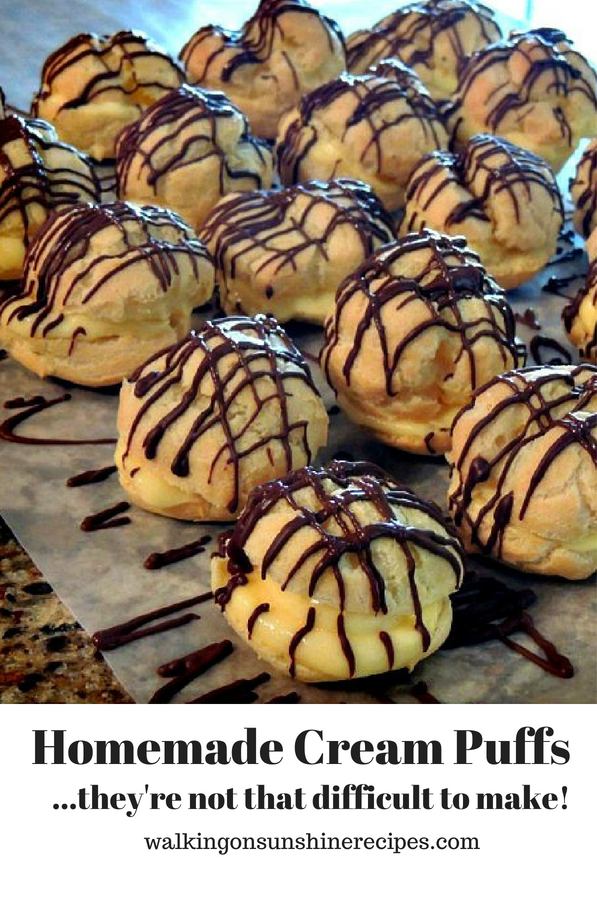Homemade Cream Puffs are not that difficult to make! Step-by-step photo instructions show you how to make this very impressive dessert for your family from Walking on Sunshine Recipes. Closeup of Homemade Cream Puffs with drizzled melted chocolate.