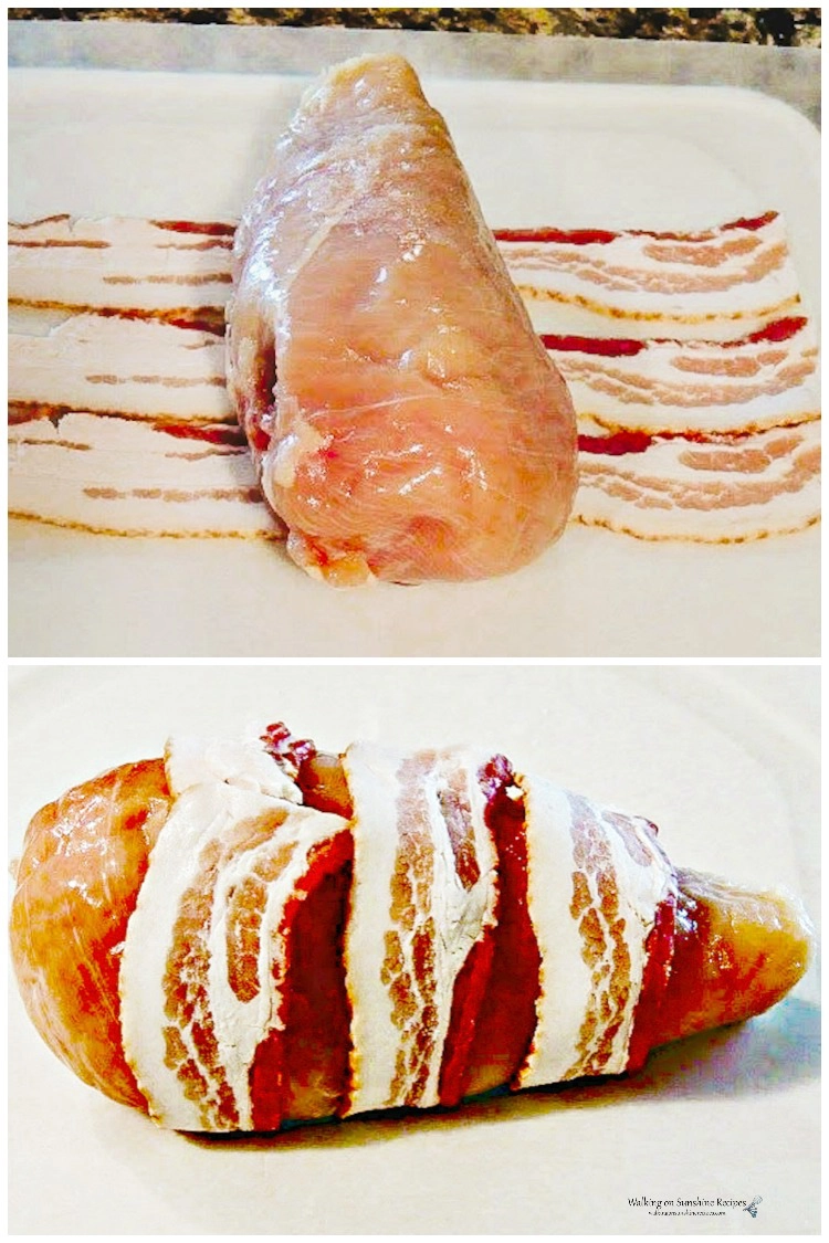 chicken breasts wrapped in bacon. 