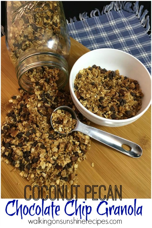 Easy homemade granola recipe made with coconut, pecan, chocolate chip and maple syrup in mason jar. 