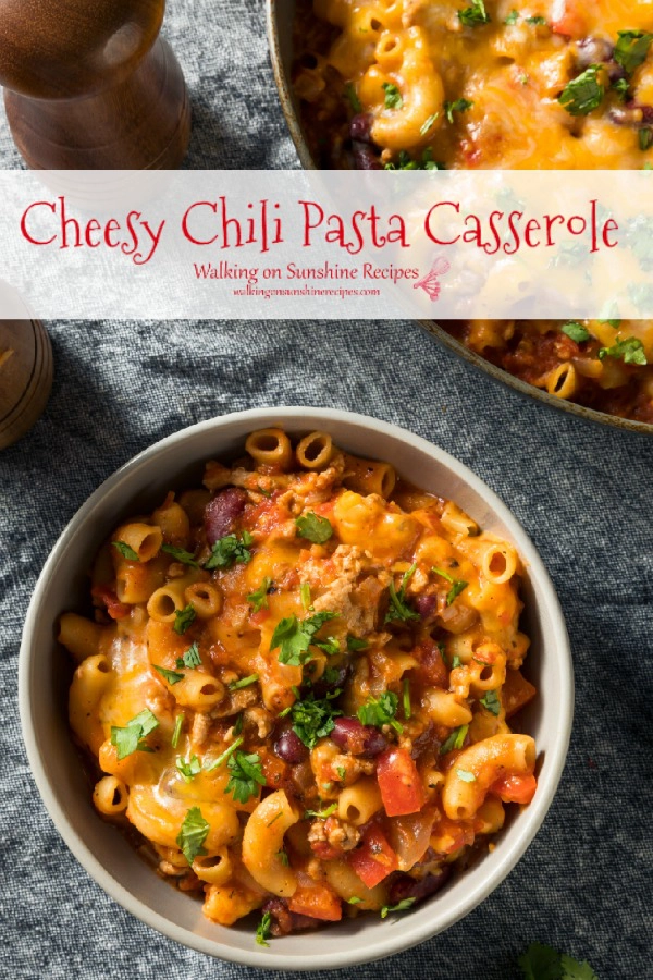 Cheesy Chili Pasta Casserole in white bowl and in casserole baking dish. 