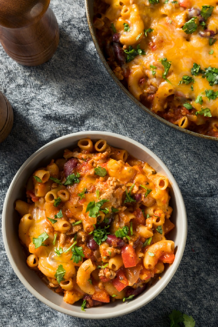 Cheesy Chili Pasta one pot casserole recipe cooked and in bowl. 