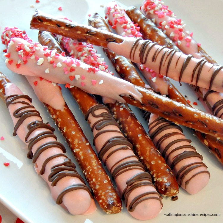 Chocolate Covered Pretzels are the perfect treat for Valentine's Day. Decorate them with your favorite colored sprinkles and melted chocolate. 