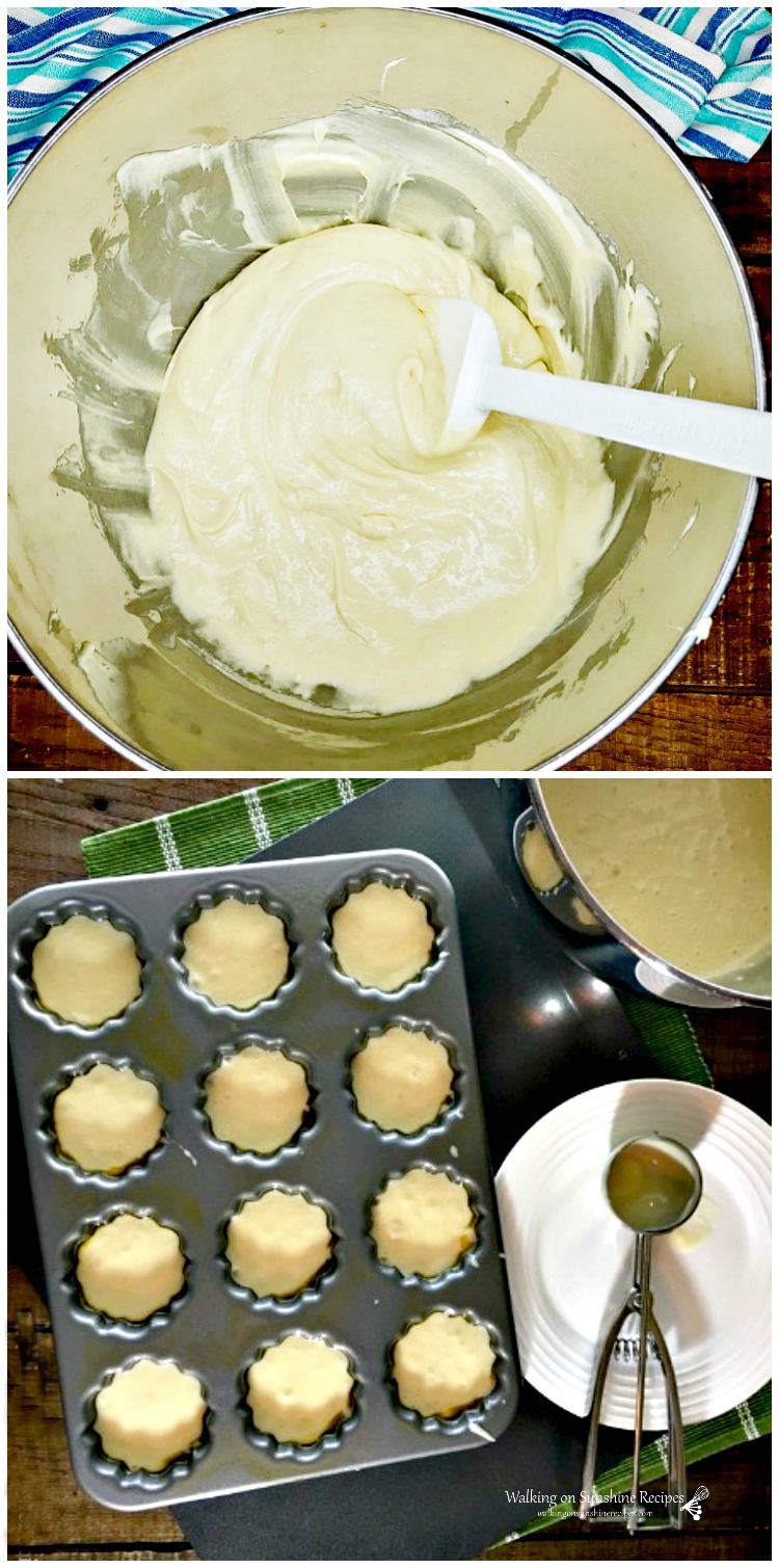 Vanilla Cake Mix batter in bowl and in mini bundtcake pan