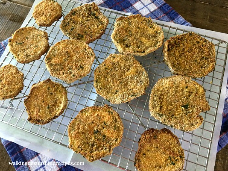 Baked Crispy Eggplant Slices on wire baking rack. 