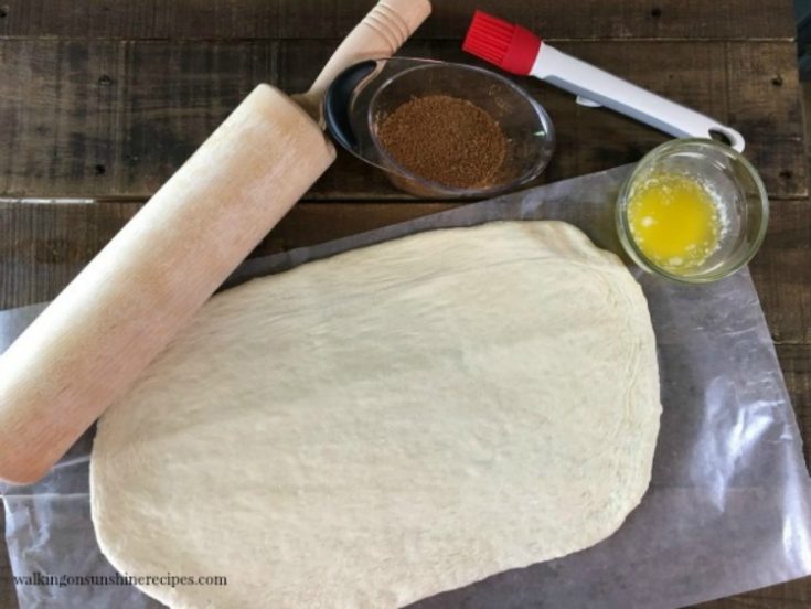 How To Make Easy Cinnamon Rolls Using Frozen Bread Dough   Bread Dough Rolled Out For Homemade Cinnamon Rolls Using Frozen Bread Dough From Walking On Sunshine 735x552 