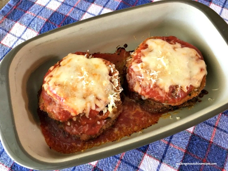 Baked Eggplant Parmesan in baking dish fresh from the oven. 