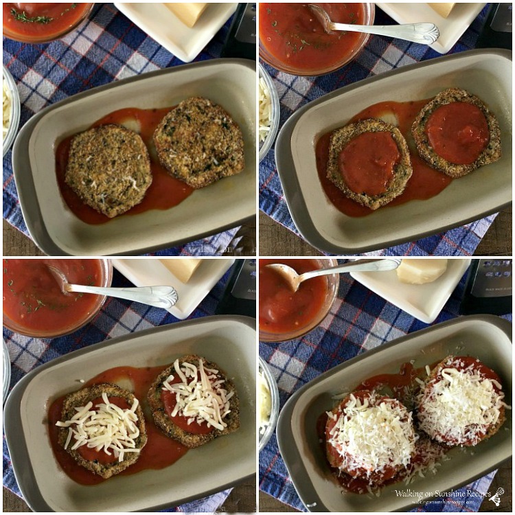 Process shots of how to make Healthy Eggplant Parmesan. 