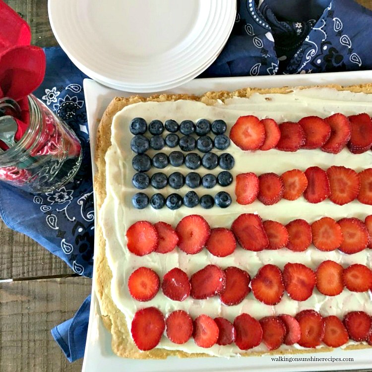 Flag Sugar Cookie Pizza on white tray ready to serve.