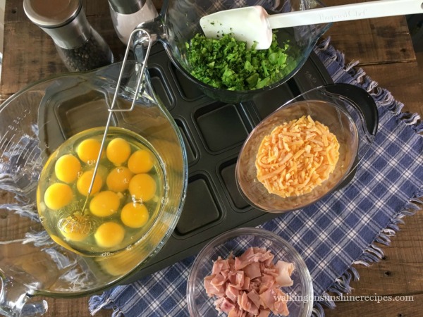 Ingredients for Scrambled Egg Muffins with Broccoli, Ham and Cheese from Walking on Sunshine