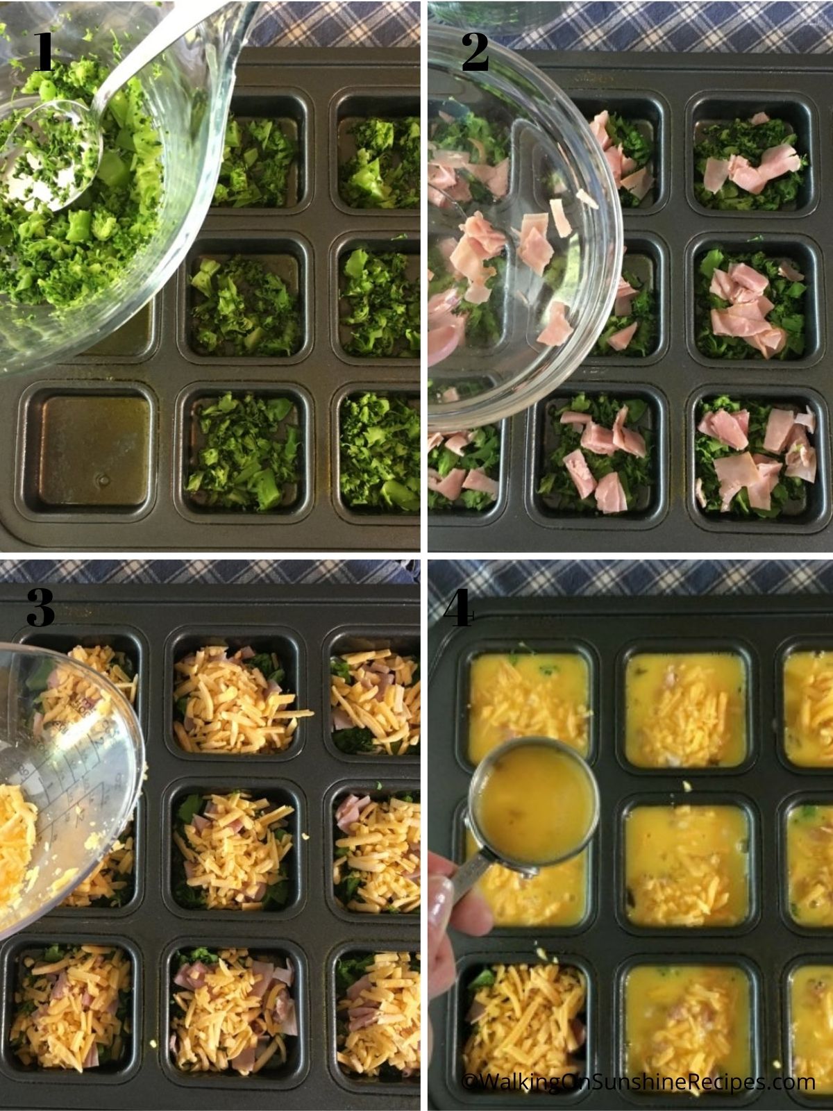 Process photos for Broccoli Scrambled Egg Muffins.