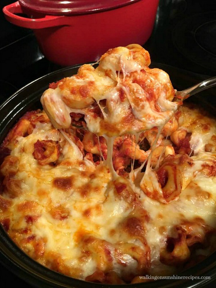 Closeup of Baked Tortellini Recipe with spoon.