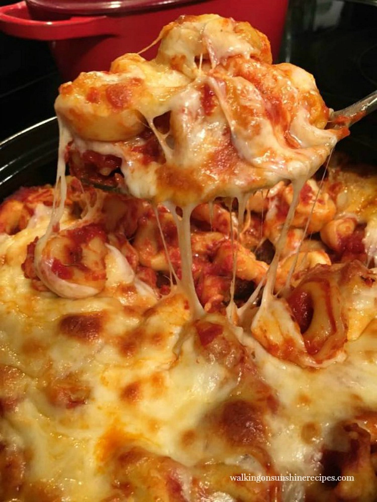 Closeup of Cheesy Baked Tortellini Casserole 