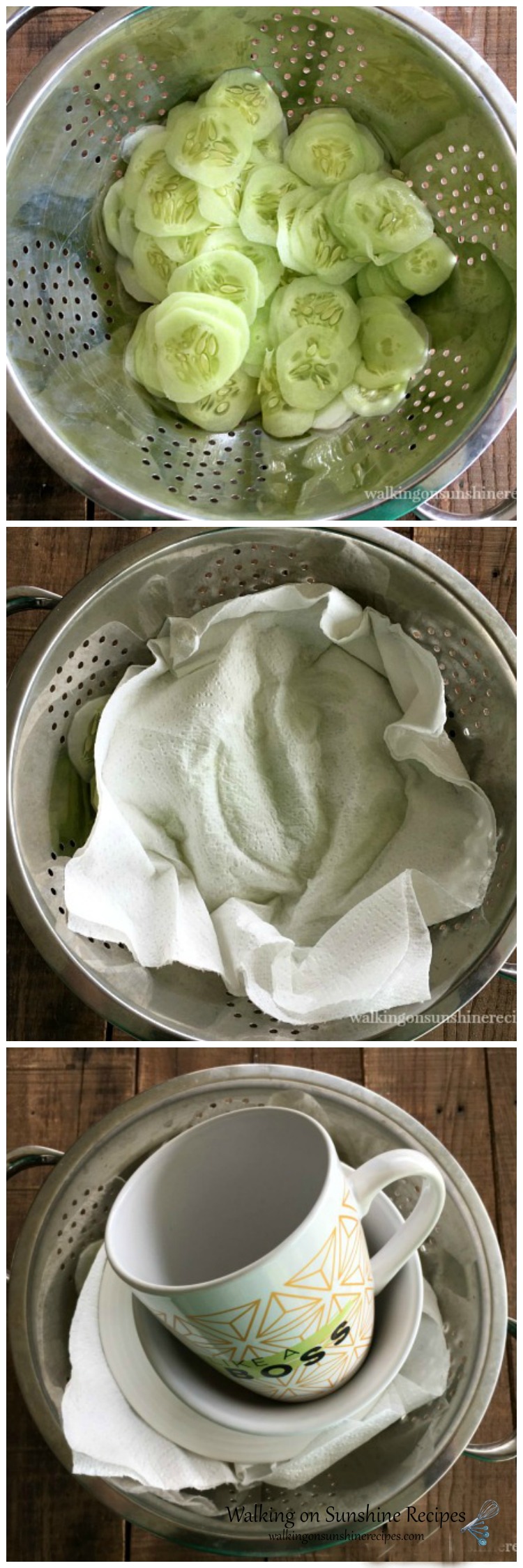 German Cucumber Salad draining water collage photos 