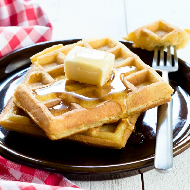 Homemade Square Waffles on plate with butter and syrup from WOS