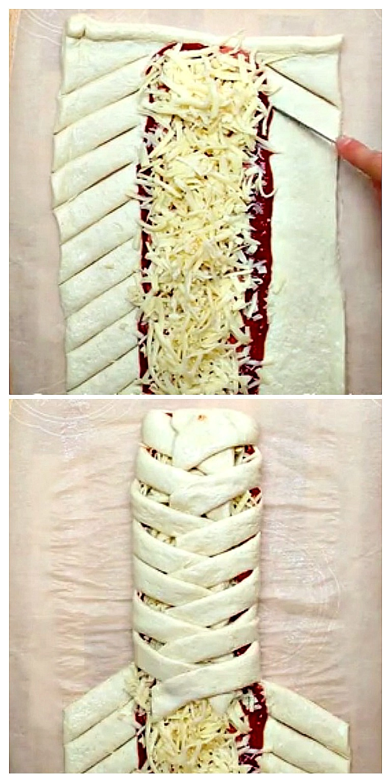 Step by step directions on making a braid out of pizza dough.