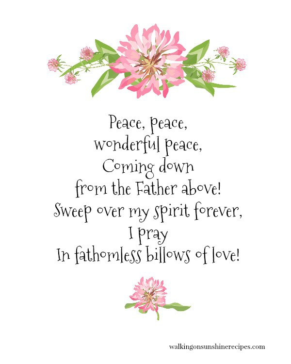 Free printable available from Walking on Sunshine of the old hymn, Peace, Peace, Wonderful Peace. 