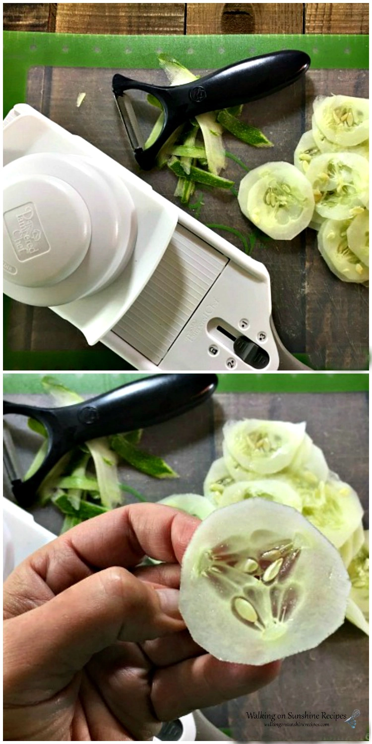 Slice cucumbers really thin using a mandoline slicer for Oma's German Cucumber Salad
