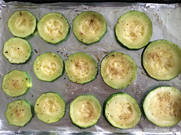 Zucchini on Tray after baking for Zucchini Pizza Bites from Walking on Sunshine