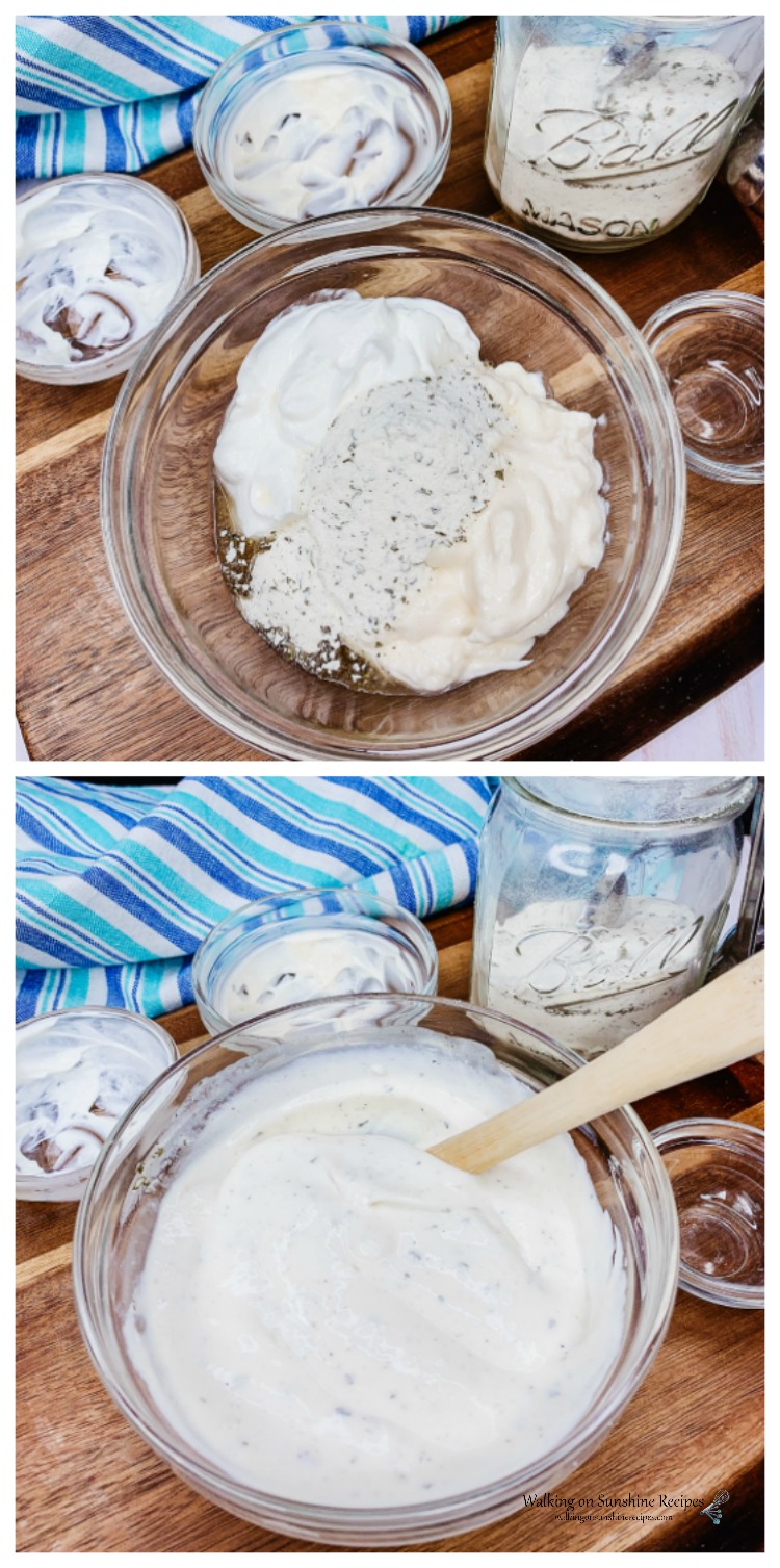 How to make ranch dipping sauce with ingredients in bowl and combined