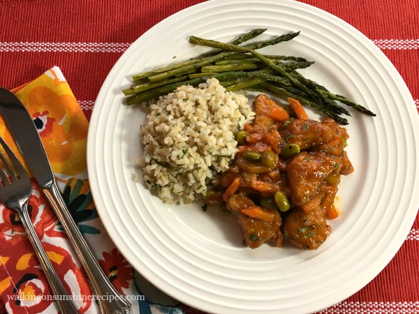 PF Changs Orange Chicken with Brown Rice, Roasted Asparagus from Walking on Sunshine