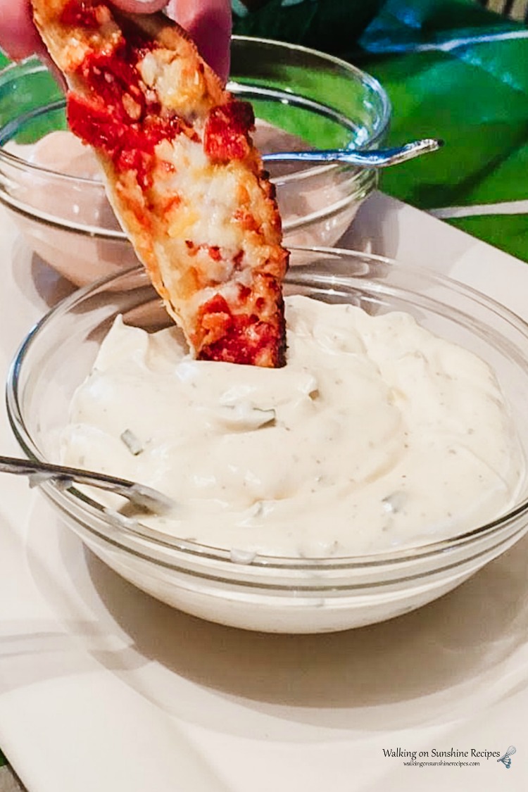 Pizza cut in strips dipped in Homemade Ranch Dipping Sauce