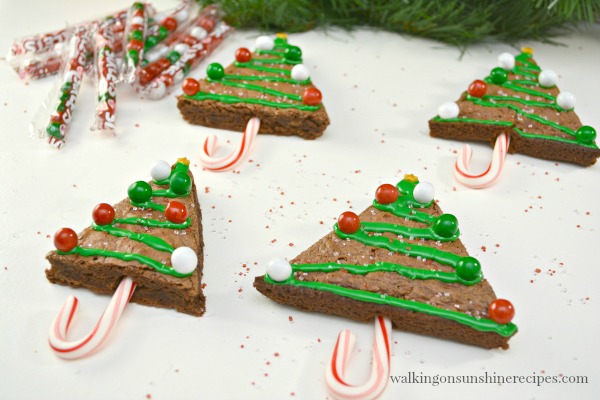 Christmas Tree Shaped Brownies with Candy Cane Trunks from Walking on Sunshine Recipes