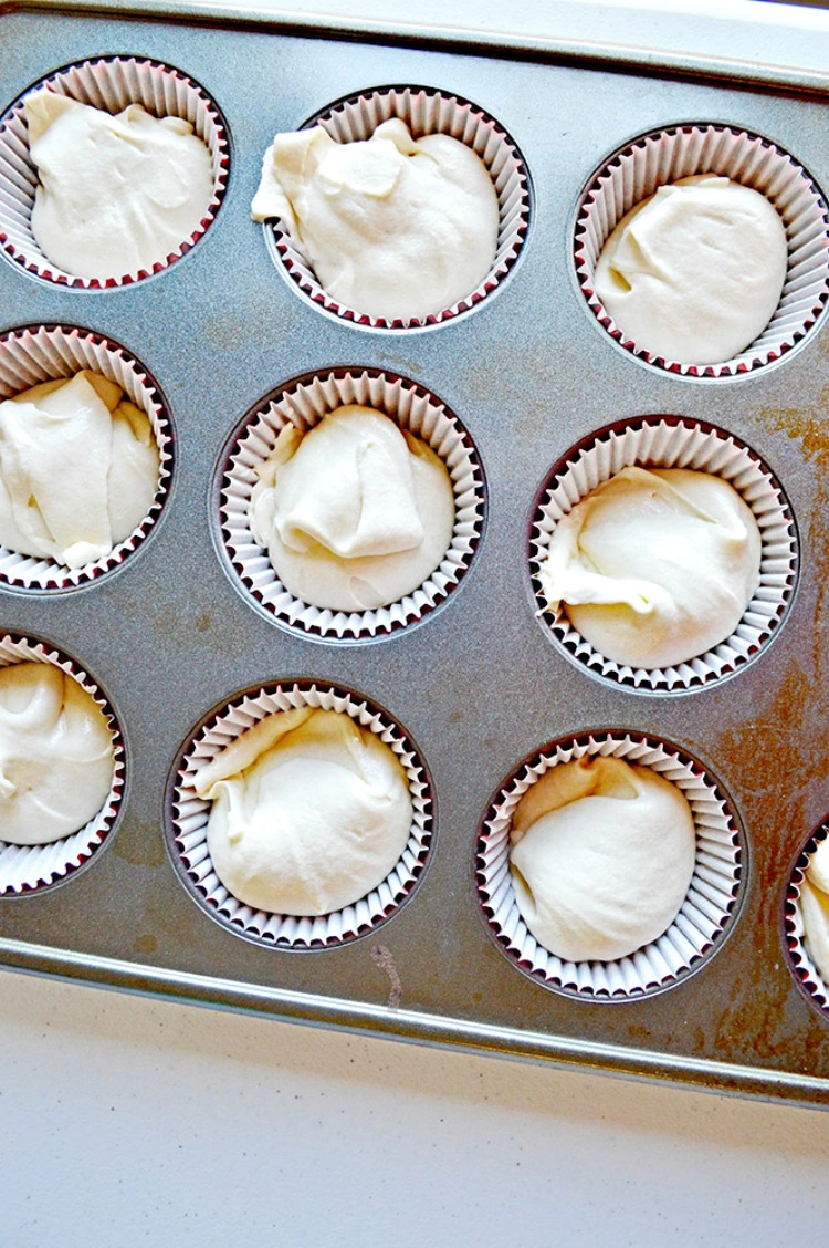 Fill muffin cupcake pan with homemade vanilla cake batter.