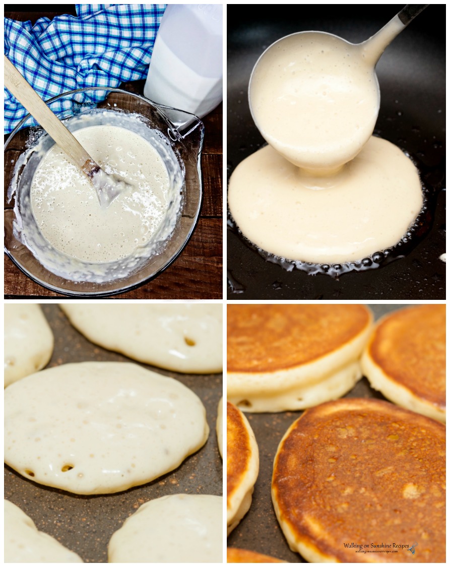 Homemade Bulk Pancake Mix using mason jars and printable labels. This makes a great gift also to give to family, teachers and friends from Walking on Sunshine Recipes. Baking homemade pancakes on a griddle.