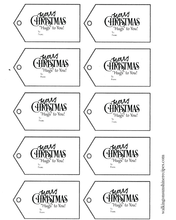 FREE printable gift tags for Hugs Pretzels Christmas Treats from Walking on Sunshine Recipes. 