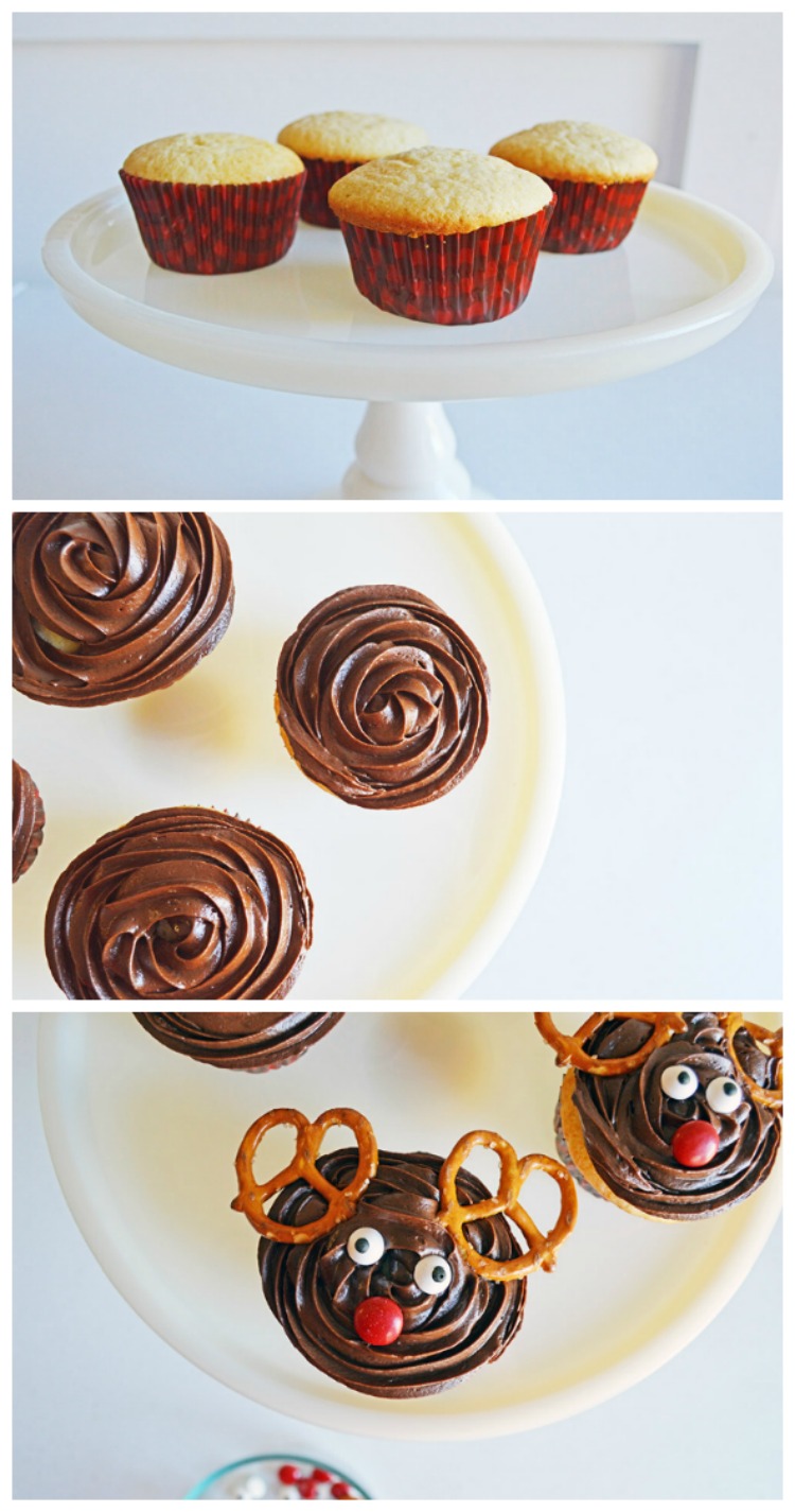 reindeer cupcakes with pretzels made with Vanilla Cupcakes ready for Chocolate Frosting 