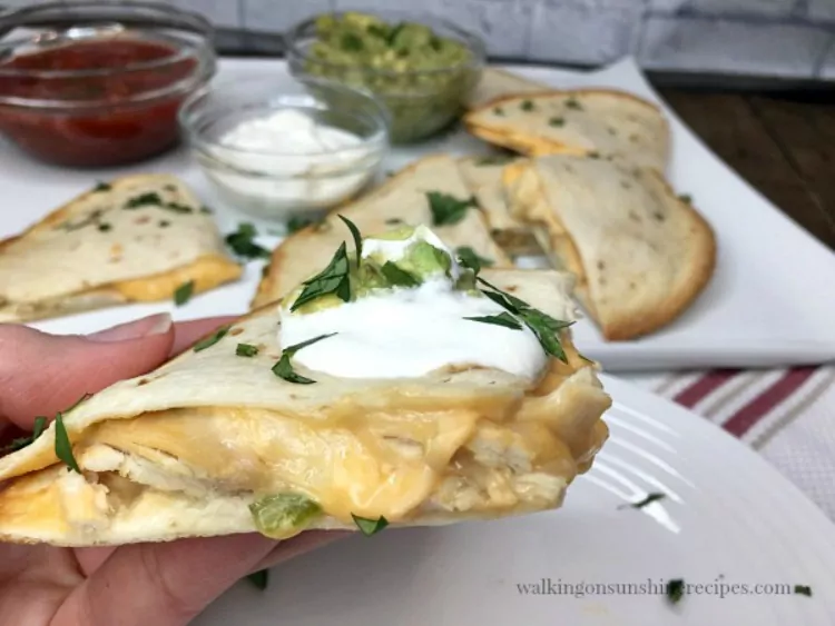 Cheesy Quesadillas with salsa, sour cream from Walking on Sunshine Recipes