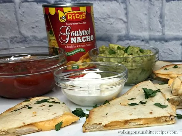 Ricos Gourmet Nacho Cheese Sauce is perfect for Cheesy Chicken Quesadillas from Walking on Sunshine Recipes. 