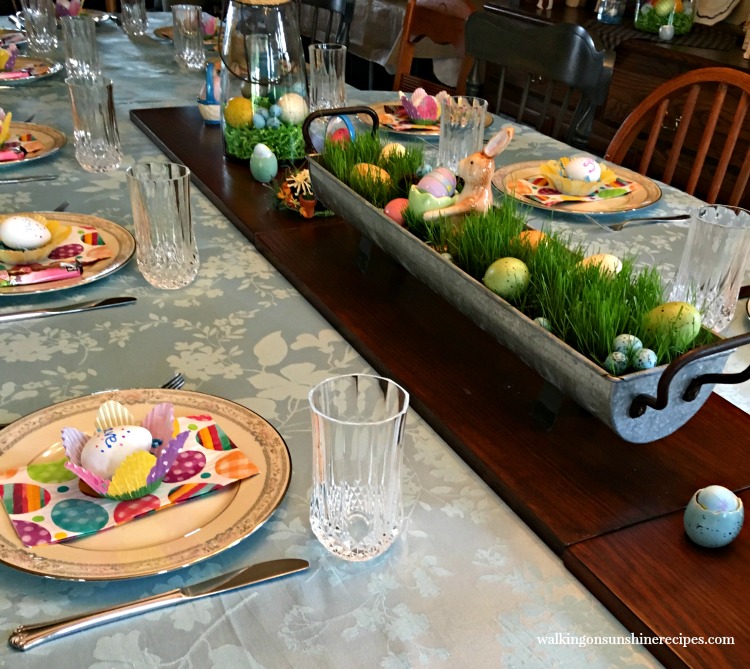 Easter Table set with Grass Centerpiece. 