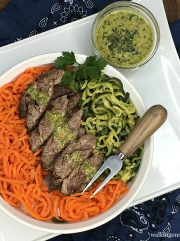 Grilled Steak and Zucchini Carrot Veggie Spirals with Homemade Chimichurri Sauce